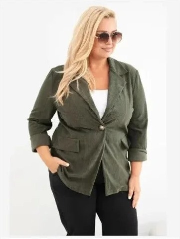 Dámske sako Plus Size manžel s klopami a vreckami khaki