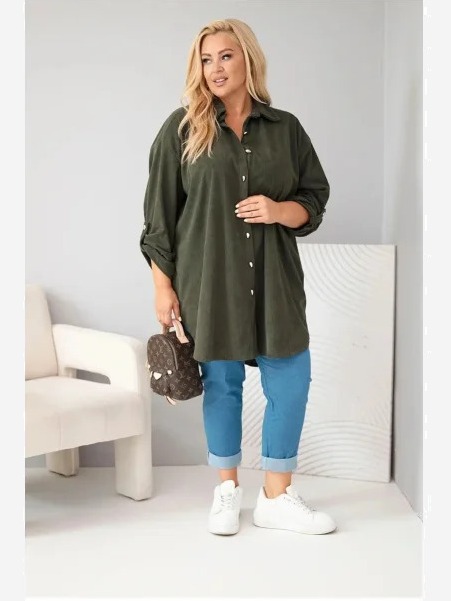 Dámska košeľa Plus Size z viskózy manžestrová s odopínateľnými rukávmi khaki