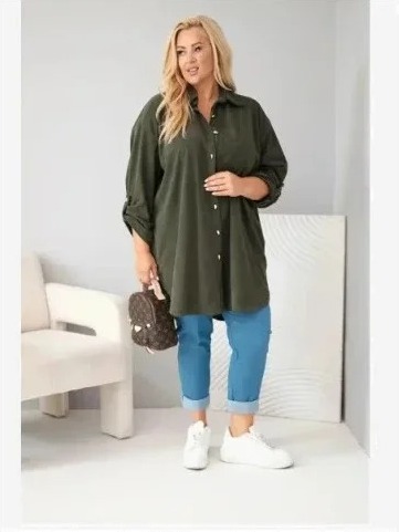 Dámska košeľa Plus Size z viskózy manžestrová s odopínateľnými rukávmi khaki