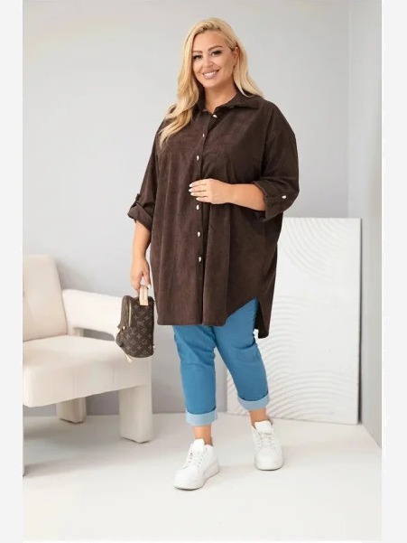 Dámska košeľa Plus Size z viskózy kordová so sťahovacími rukávmi hnedá