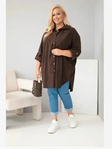 Dámska košeľa Plus Size z viskózy kordová so sťahovacími rukávmi hnedá
