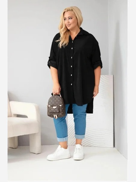Dámska košeľa Plus Size z viskózy manžestrová so zapínateľnými rukávmi čierna