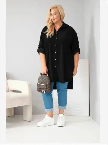 Dámska košeľa Plus Size z viskózy manžestrová so zapínateľnými rukávmi čierna