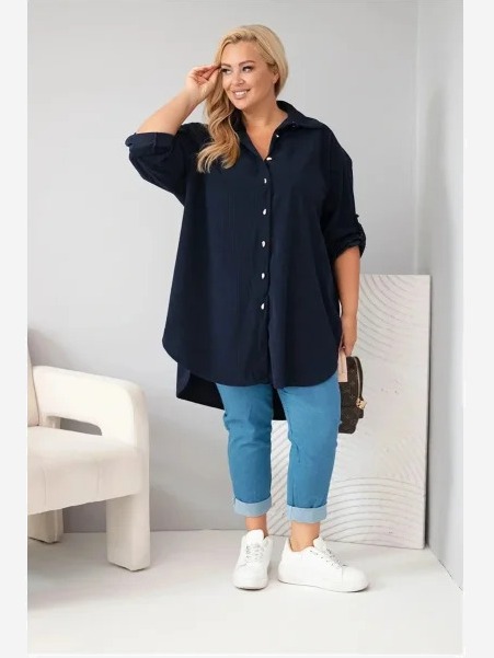 Dámska košeľa Plus Size z viskózy manšestrová so zapínateľnými rukávmi modrá