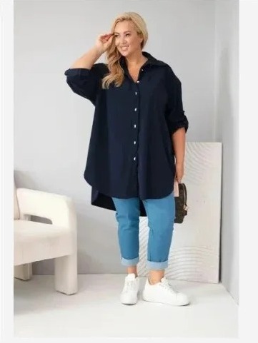 Dámska košeľa Plus Size z viskózy manšestrová so zapínateľnými rukávmi modrá