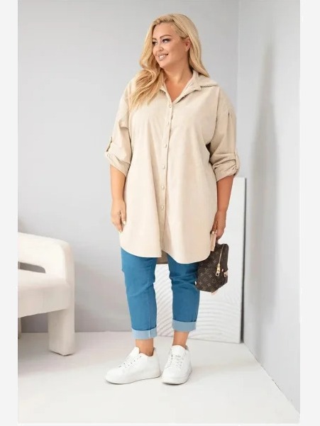 Dámska košeľa Plus Size z viskózy manšestrová s odopínateľnými rukávmi béžová
