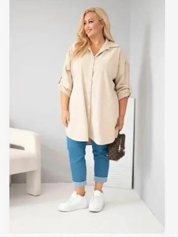 Dámska košeľa Plus Size z viskózy manšestrová s odopínateľnými rukávmi béžová
