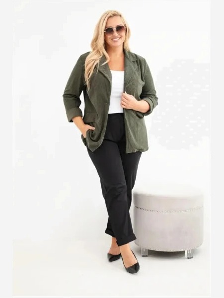 Dámske sako Plus Size manžel s klopami a vreckami khaki