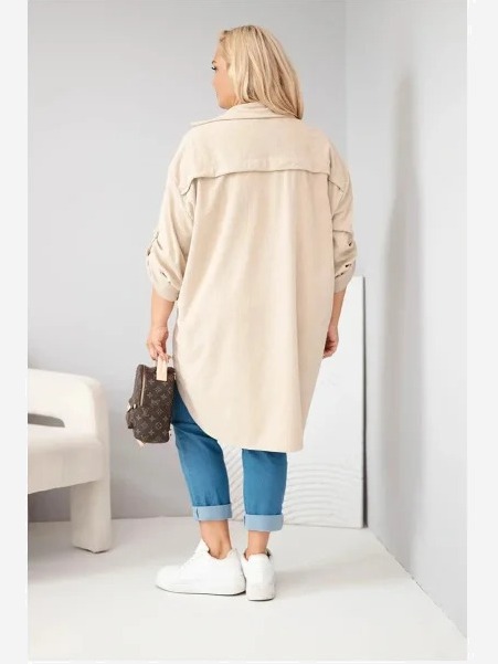 Dámska košeľa Plus Size z viskózy manšestrová s odopínateľnými rukávmi béžová