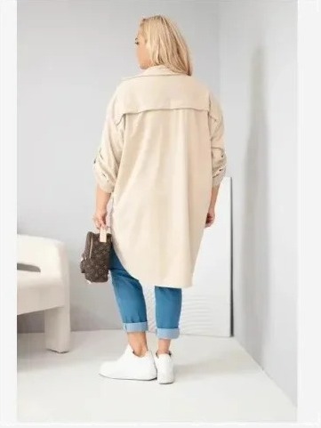 Dámska košeľa Plus Size z viskózy manšestrová s odopínateľnými rukávmi béžová