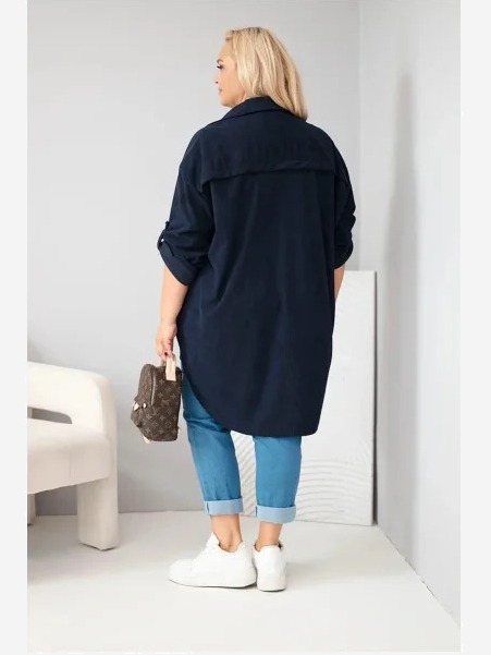Dámska košeľa Plus Size z viskózy manšestrová so zapínateľnými rukávmi modrá