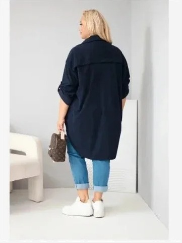 Dámska košeľa Plus Size z viskózy manšestrová so zapínateľnými rukávmi modrá
