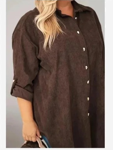 Dámska košeľa Plus Size z viskózy kordová so sťahovacími rukávmi hnedá