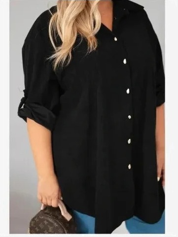 Dámska košeľa Plus Size z viskózy manžestrová so zapínateľnými rukávmi čierna