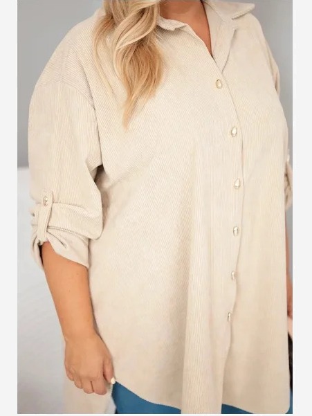 Dámska košeľa Plus Size z viskózy manšestrová s odopínateľnými rukávmi béžová