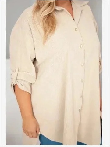 Dámska košeľa Plus Size z viskózy manšestrová s odopínateľnými rukávmi béžová