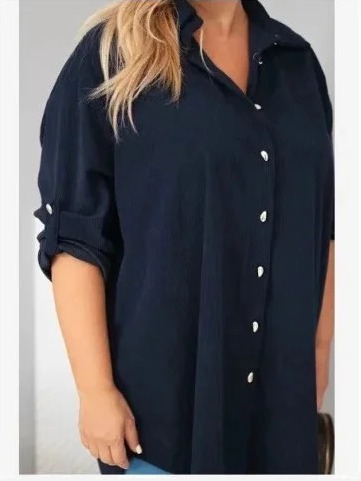 Dámska košeľa Plus Size z viskózy manšestrová so zapínateľnými rukávmi modrá