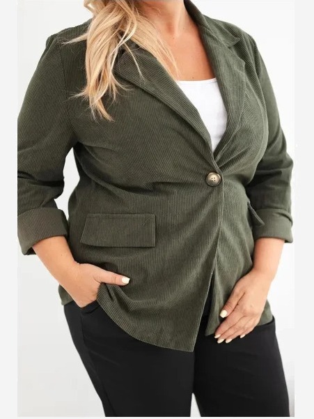Dámske sako Plus Size manžel s klopami a vreckami khaki