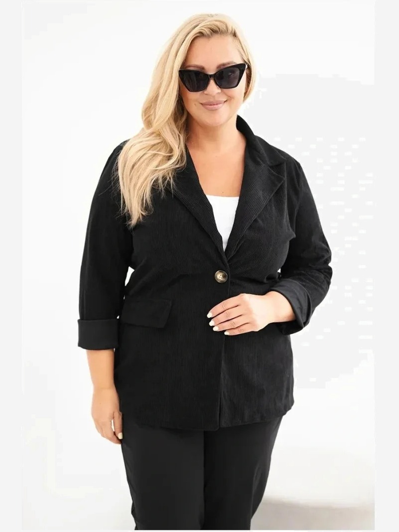 Dámske plus size manžestrové s klopami a vreckami biela czarna