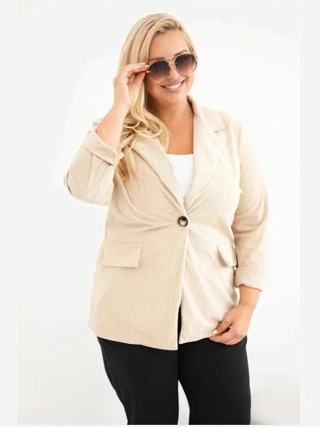 Dámske sako Plus Size manžestrové s klopami a vreckami béžová