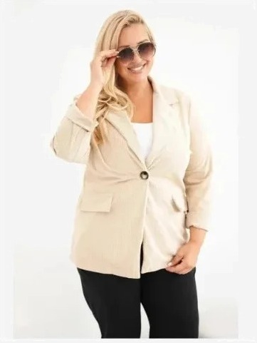 Dámske sako Plus Size manžestrové s klopami a vreckami béžová