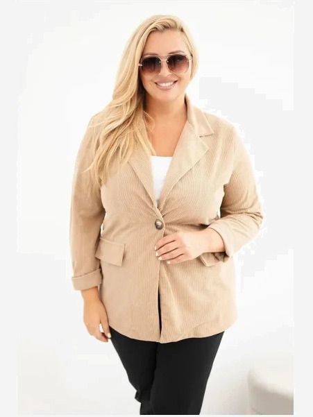Dámsky sako Plus Size z manšestru s klopami a vreckami camelová