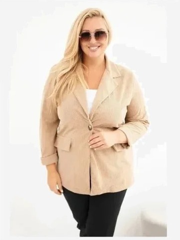 Dámsky sako Plus Size z manšestru s klopami a vreckami camelová