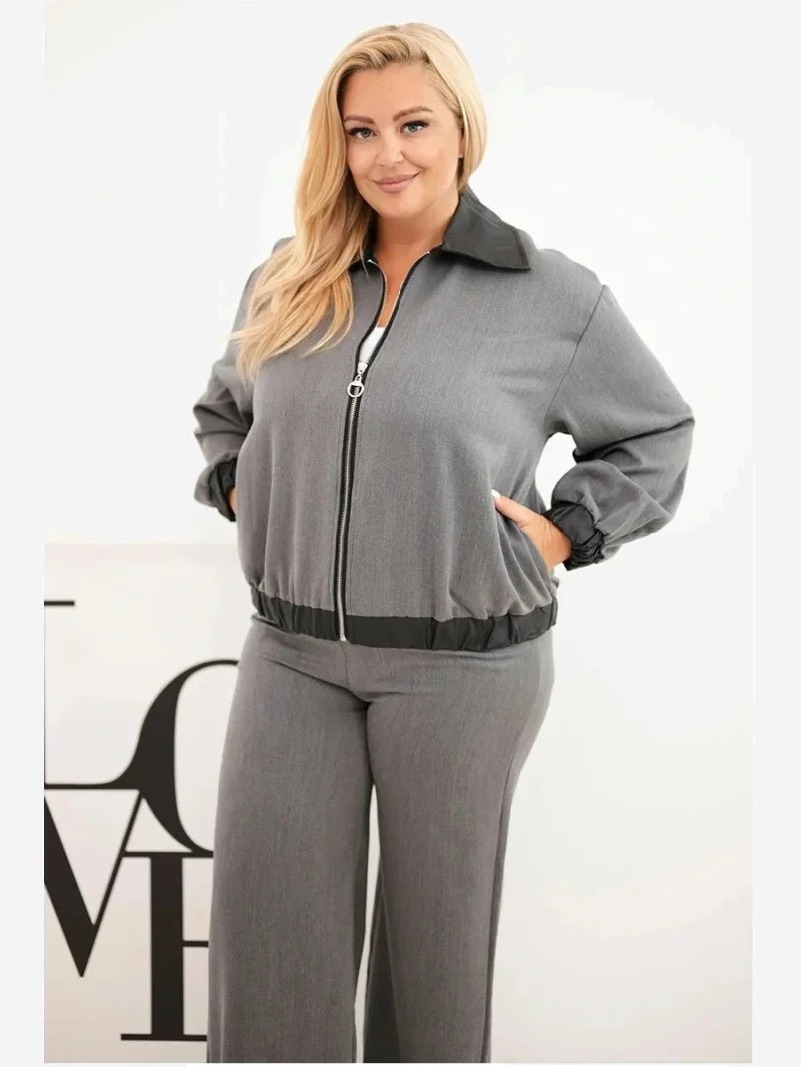 Dámsky komplet Plus Size s mikinou na zips a širokými nohavicami grafitový