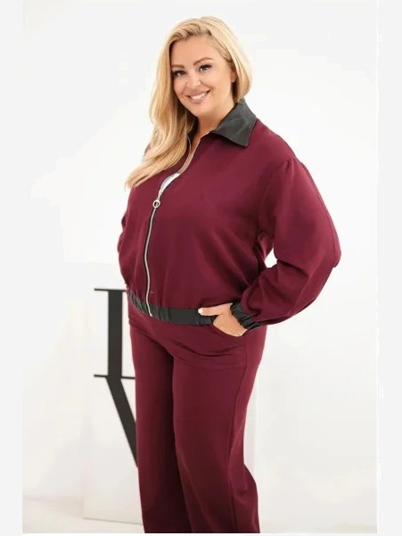 Dámsky komplet Plus Size so zipsovou mikinou a širokými nohavicami bordový
