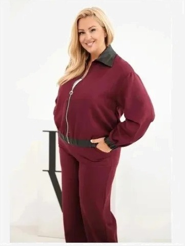 Dámsky komplet Plus Size so zipsovou mikinou a širokými nohavicami bordový