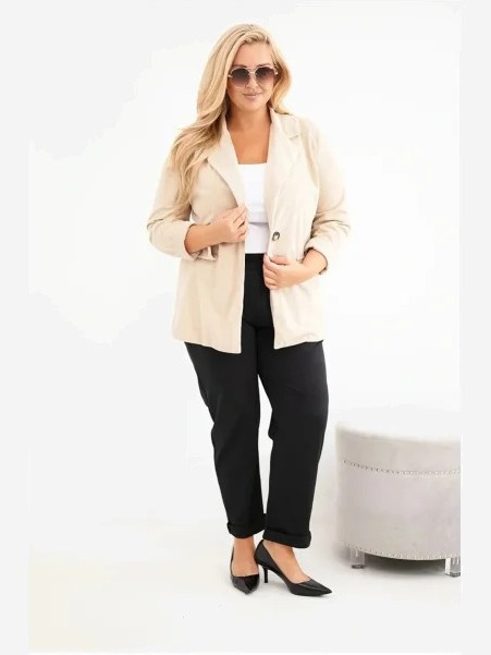 Dámske sako Plus Size manžestrové s klopami a vreckami béžová