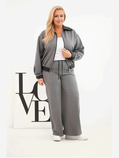 Dámsky komplet Plus Size s mikinou na zips a širokými nohavicami grafitový