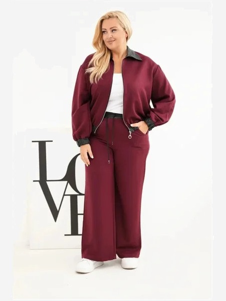 Dámsky komplet Plus Size so zipsovou mikinou a širokými nohavicami bordový