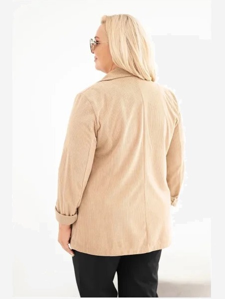 Dámsky sako Plus Size z manšestru s klopami a vreckami camelová
