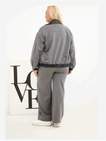 Dámsky komplet Plus Size s mikinou na zips a širokými nohavicami grafitový