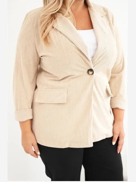 Dámske sako Plus Size manžestrové s klopami a vreckami béžová