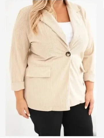 Dámske sako Plus Size manžestrové s klopami a vreckami béžová