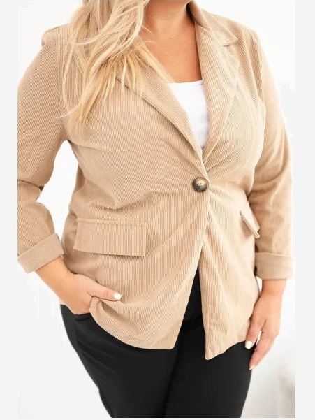 Dámsky sako Plus Size z manšestru s klopami a vreckami camelová