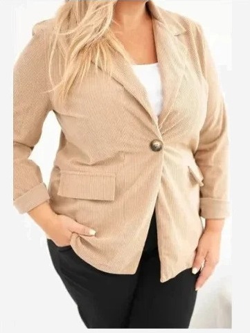 Dámsky sako Plus Size z manšestru s klopami a vreckami camelová