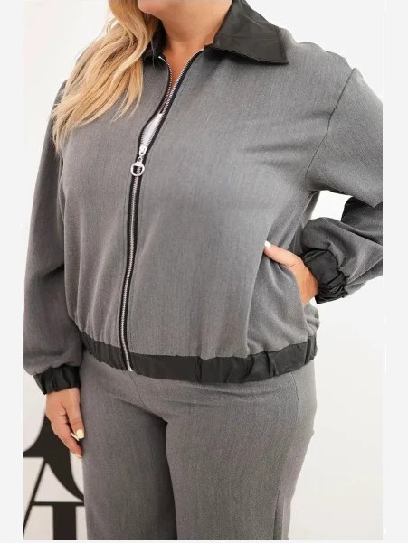 Dámsky komplet Plus Size s mikinou na zips a širokými nohavicami grafitový