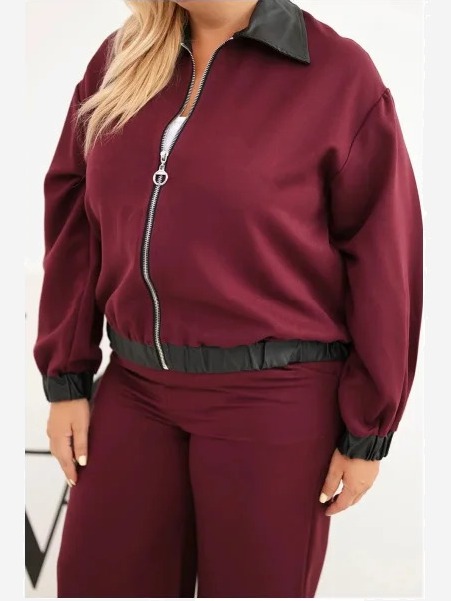 Dámsky komplet Plus Size so zipsovou mikinou a širokými nohavicami bordový