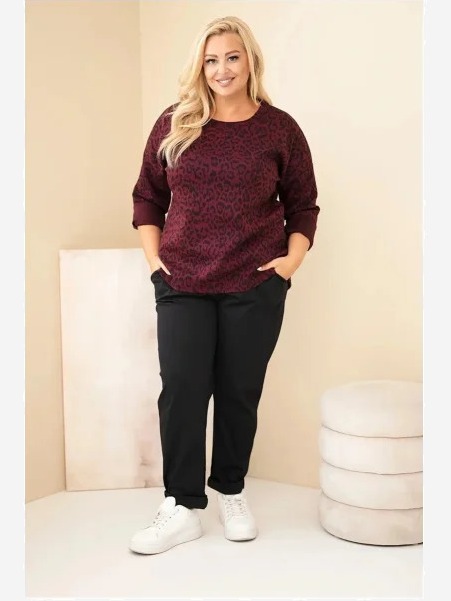 Dámska blúzka Plus Size s leopardím vzorom so dlhším zadným dielom bordová