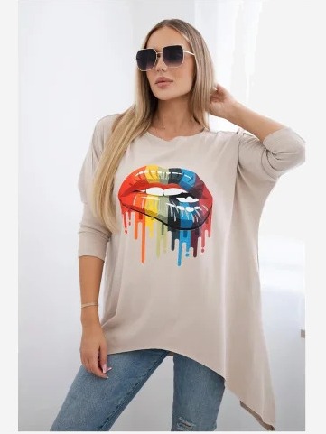 tričko oversize s potlačou dúhových pier béžový