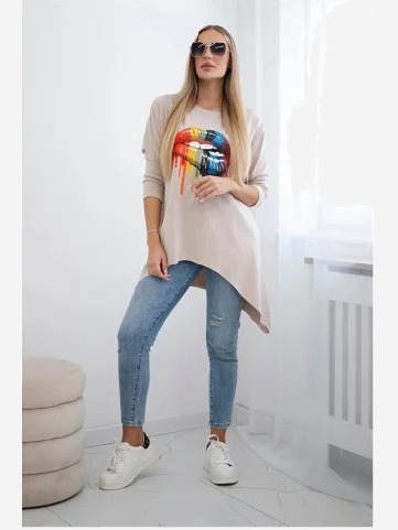 tričko oversize s potlačou dúhových pier béžový