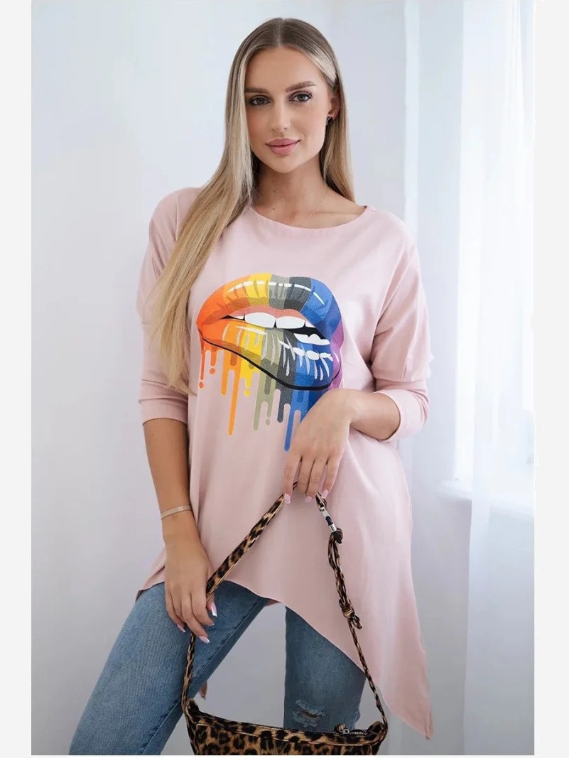 Blúzka oversize s potlačou dúhových pier ružová