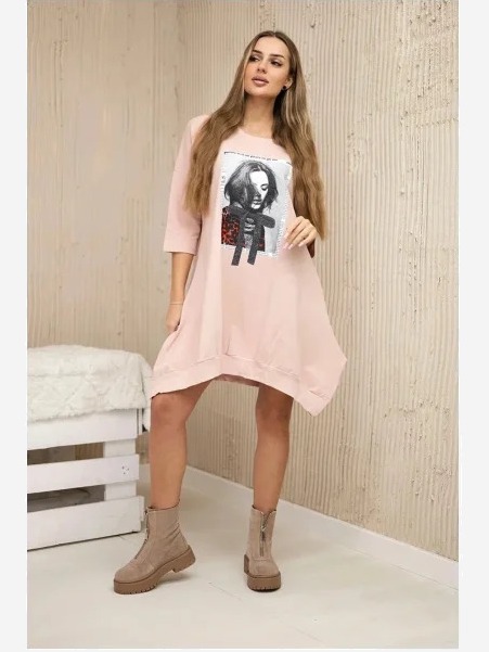 Šaty s potlačou a rozšíreným dnom ružová