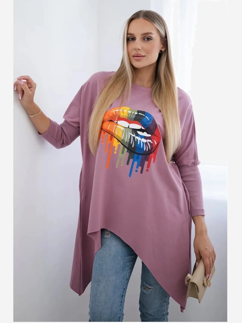 sveter oversize s potlačou dúhových pier tmavo ružová