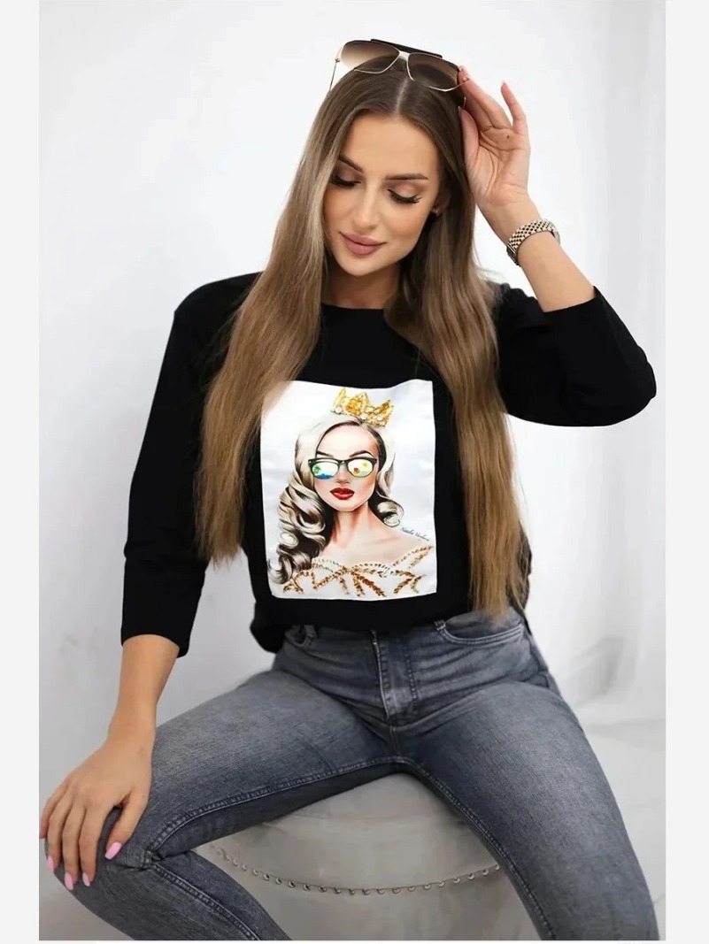 Tričko s grafikou dievčaťa v okuliaroch 3D čierna