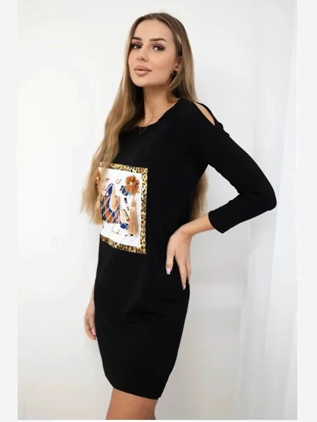 Šaty s grafikou 3D a ozdobnými strapcami čierna
