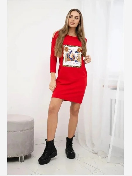 Šaty s grafikou 3D a ozdobnými strapcami červená